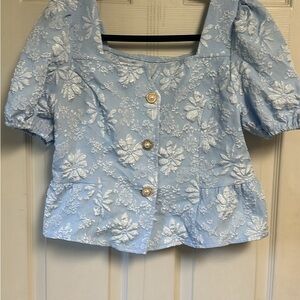 Blue Puff Sleeve Peplum Blouse
